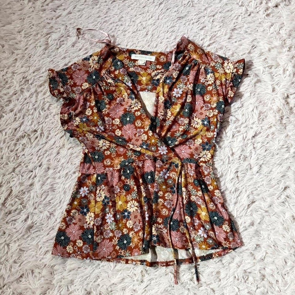 Retro Floral Groovy Flower Child Funky Boho Hippie Wrap Style Top Womens XL